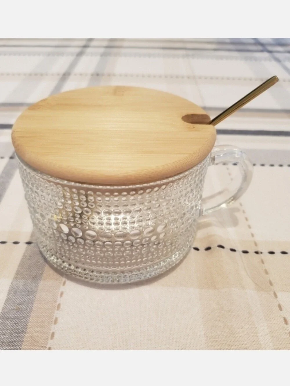 14oz. Vintage Style Glass Coffee Mug with Golden Spoon and Bamboo Lid